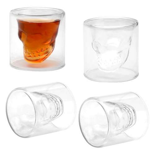 DAWRIS Totenkopf Gläser Set 4 Stück Schädel Schnapsgläser Skull Shotgläser Lustig Shot Gläser Glas Tequila Gläser Shot Glasses Schnapsglas Shotglas für Kalte Heiße Getränke Cola Gläser Espressogläser von DAWRIS