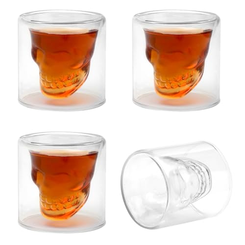 Totenkopf Gläser Set 4 Stück Schädel Schnapsgläser Skull Shotgläser Lustig Shot Gläser Glas Tequila Gläser Shot Glasses Schnapsglas Shotglas für Kalte Heiße Getränke Cola Gläser Espressogläser (20ML) von DAWRIS