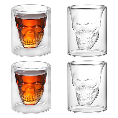 Totenkopf Gläser Set 4 Stück Schädel Schnapsgläser Skull Shotgläser Lustig Shot Gläser Glas Tequila Gläser Shot Glasses Schnapsglas Shotglas für Kalte Heiße Getränke Cola Gläser Espressogläser, 150ML von DAWRIS