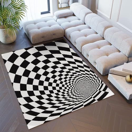 Schwarz-weiße psychedelische Teppiche 3D-Teppich mit optischer Täuschung Dekorteppich für Schlafzimmer und Wohnzimmer rutschfeste weiche rechteckige Fußmatten Flanell waschbar für Zuhause 90 x 150 cm von DAXONA