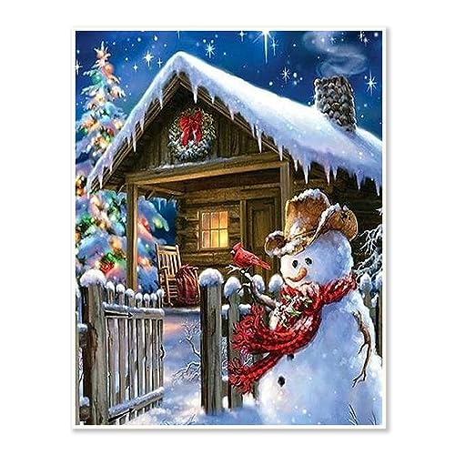 DCIDBEI 30 x 40 cm Runde Diamant-Malerei Tiere || DIY Diamond Painting Schneemann || 5D Kreativ-Set für Kinder, Dekoration Zimmer Büro Weihnachten, Diamant Painting Bilder Hütte im Schnee von DCIDBEI