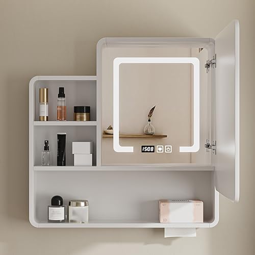 Intelligenter, an der Wand montierter Badezimmerspiegel, Medizinschrank, versteckter Spiegel mit Aufbewahrung, Aufbewahrungsschrank mit abgerundeten Ecken, Scheibenheizung, Uhr (Farbe: Links geöffnet von DDKYHU