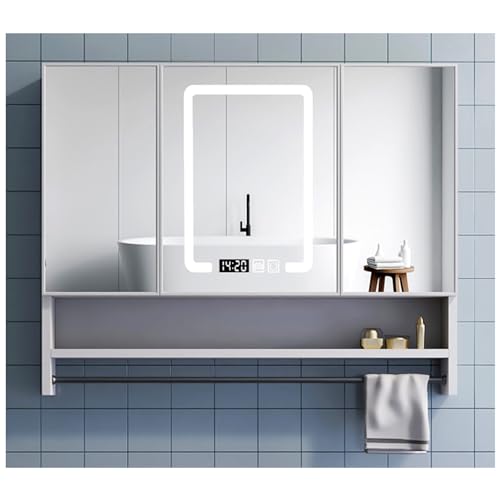 Intelligenter Medizinschrank für das Badezimmer, mit Licht und Antibeschlagfunktion, an der Wand montierter Badezimmerspiegelschrank mit offenem Regal und Handtuchhalter, Badezimmer-Wandschrank aus A von DDKYHU