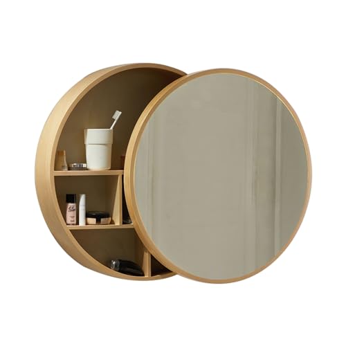 Runder Badezimmer-Medizinschrank, an der Wand montierter Badezimmerspiegel-Aufbewahrungsschrank mit Spiegelschiebetür und versteckten Regalen, Hängeschrank über der Toilette (Farbe: Walnussfarbe, Grö von DDKYHU