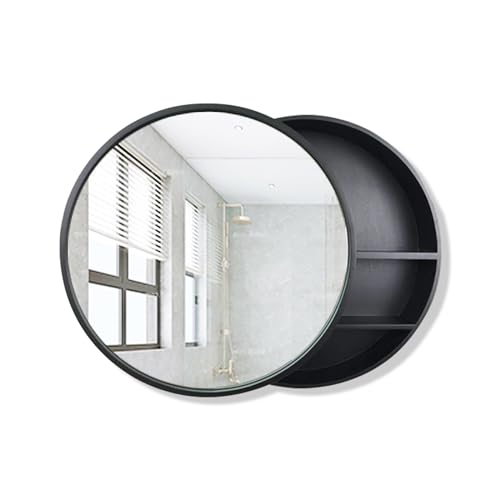 Runder Badezimmer-Medizinschrank, an der Wand montierter Badezimmerspiegel-Aufbewahrungsschrank mit Spiegelschiebetür und versteckten Regalen, Hängeschrank über der Toilette (Farbe: Walnussfarbe, Grö von DDKYHU