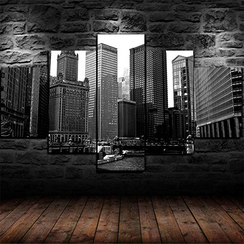 DDSDA Bilder Stadt Chicago Schwarz-Weiß-Kunst 200X100 cm 5 Teilig Leinwandbilder Bild Auf Leinwand Wandbild Kunstdruck Wanddeko Wand Wohnzimmer Wanddekoration Deko Kunstdrucke Poster Geschenk von DDSDA