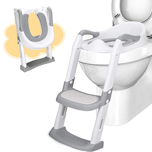 DEANIC Toilettensitz Kinder mit Treppe, Töpfchen mit Leiter &PU Gepolstert, Toilettenaufsatz für Kinder ab 1-7 jahre, Klositz für Kinder 38-47cm (Grau) von DEANIC