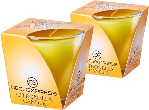 Deco Express Citronella Kerzen Set, Zitronella Kerze im Glas, 2er- oder 4er-Pack, 30 Std Brenndauer - 7.5cm x 7.5cm (Gelb, 2er-Pack) von DECO EXPRESS