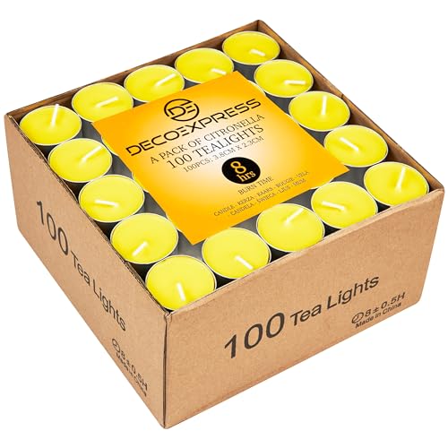 Deco Express Citronella Teelichter, 100er- oder 50er-Pack Duftkerzen Teelichter 4 oder 8 Stunden Brenndauer (Gelb 100/8 Stunden) von DECO EXPRESS
