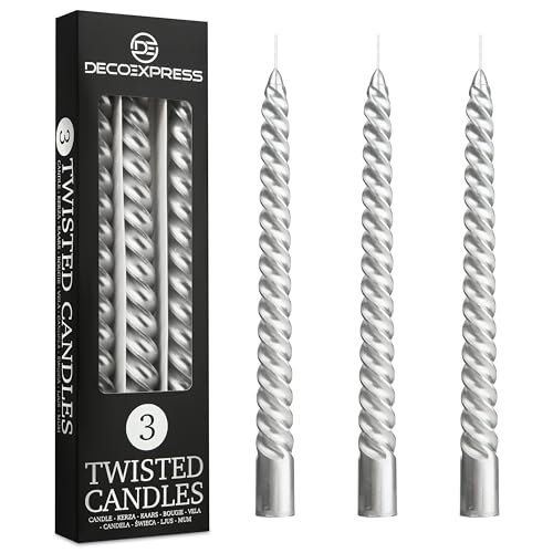 DECO EXPRESS Spiralkerzen Set 3er oder 6er, Gedrehte Stabkerzen Bunte Kerzen 25 cm x 2.2 cm, Brenndauer 6 Stunden - Candles Aesthetic (Silber, 3er-Pack) von DECO EXPRESS