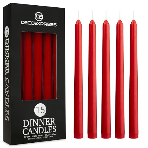 Deco Express Stabkerzen Weiß, Gold, Silber oder Bunt, 6er-, 10er-, 15er- oder 50er-Pack, Lange Brenndauer 8 Stunden, ohne Duft(Rot, 15-er Set) von DECO EXPRESS