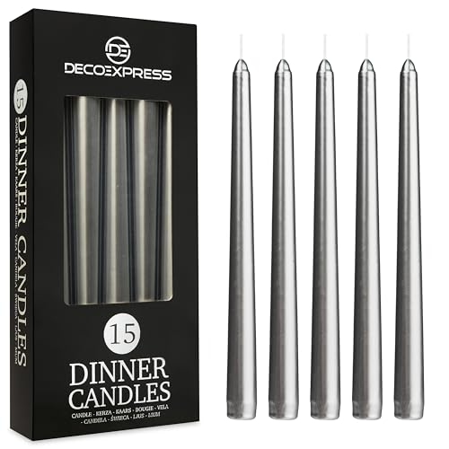 DECO EXPRESS Stabkerzen Weiß, Gold, Silber oder Bunt, 6er-, 10er-, 15er- oder 50er-Pack, Lange Brenndauer 8 Stunden, ohne Duft(Silber, 15-er Set) von DECO EXPRESS