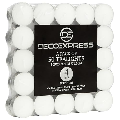 Deco Express Teelichter Multipack 200, 100, 50 oder 24 Stk - 10, 8 oder 4 Std Brenndauer – Bunte & Weiße Teelichter ohne Duft (Weiß, 50/4 Stunden) von DECO EXPRESS