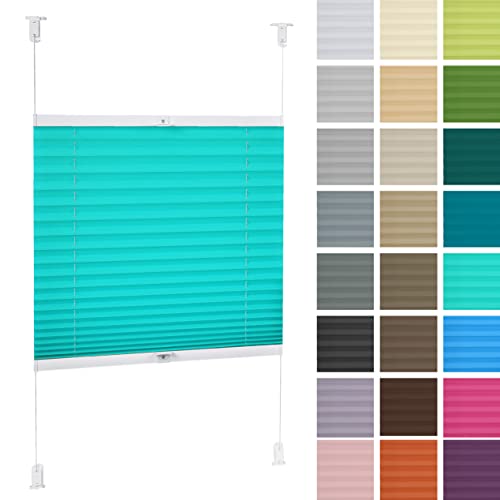 DECOOR Plissee ohne Bohren 100cm x 120cm Faltrollo Rollo für Fenster und Tür Nicht-invasive Fensterjalousien guter Sichtschutz und Sonnenschutz Breite der Überlappung 2 cm Azurblau von DECOOR