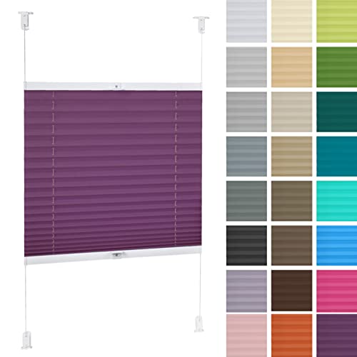 DECOOR Plissee ohne Bohren 120cm x 120cm Faltrollo Rollo für Fenster und Tür Nicht-invasive Fensterjalousien guter Sichtschutz und Sonnenschutz Breite der Überlappung 2 cm Violett von DECOOR