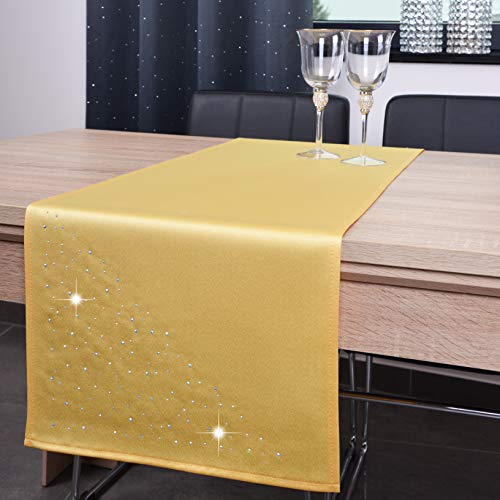 DECOOR - schmutzabweisendes Tischläufern, 40 x 140 cm, Dunkelgelb, veredelt mit einem ästhetischen Rückseite auf 1 cm, verziert mit Kristallen, Gewebe 200 g/m², 100% Polyester, hergestellt in der EU von DECOOR