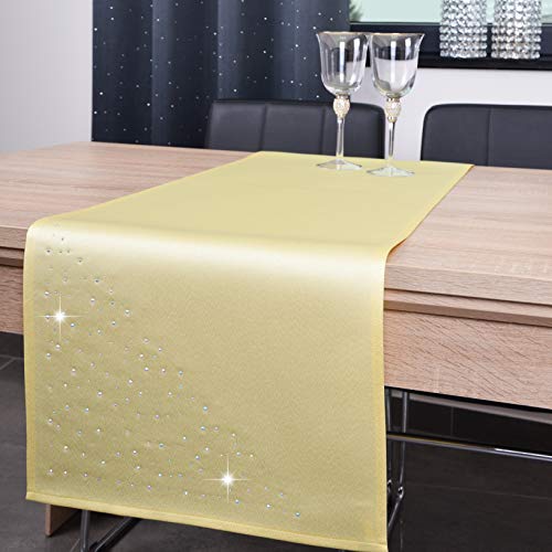 DECOOR - schmutzabweisendes Tischläufern, 40 x 140 cm, Hellgelb, veredelt mit einem ästhetischen Rückseite auf 1 cm, verziert mit Kristallen, Gewebe 200 g/m², 100% Polyester, hergestellt in der EU von DECOOR
