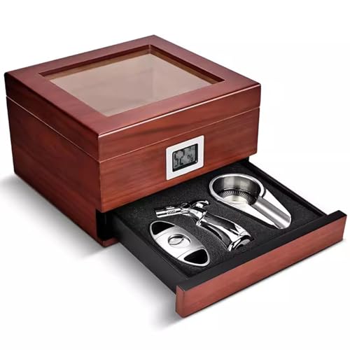 DECORN Zigarren-Humidor-Box für Bis zu 50 Zigarren Humidor-Zigarrenetui mit Glasdeckel Innenfutter aus Spanischem Zedernholz, Zubehörschublade und Luftbefeuchter, Geschenk für Zigarrenliebhaber,B von DECORN