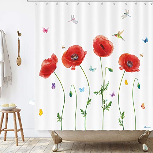 BASHOM BSC-211 Poppies Duschvorhang-Set für Kinder Wasserdicht waschbar Dekoratives Badezimmer 71''x71'' (180x180cm) Polyestergewebe mit 12 Haken Bunte pädagogische Land Liner Gobelin Badewannen von DECOWALL