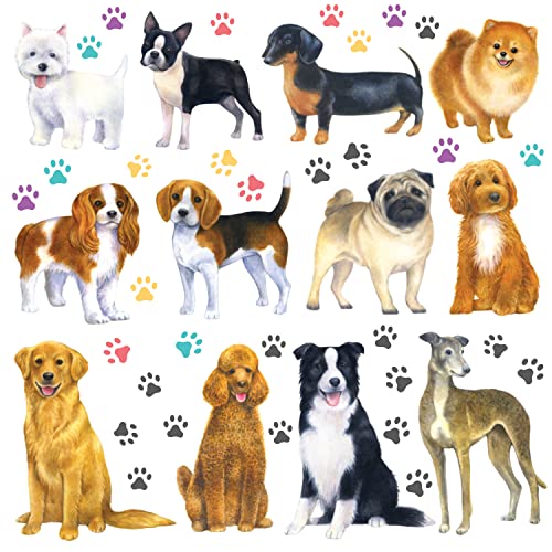 DECOWALL DS-8045 12 Hunde-Wandaufkleber, Pfotenabdruck, schiefende Hunderassen, Aufkleber für Kinderzimmer, Schlafzimmer, Wohnzimmer, Kunst von DECOWALL