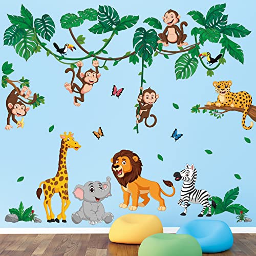 DECOWALL DS12-8069 Dschungel Tier Cartoon Wandsticker Kinder Wandtattoo Kinderzimmer Kinderzimmer Mädchen Junge Baby Baum Wald Wald Zuhause Löwe Tiger Affe von DECOWALL