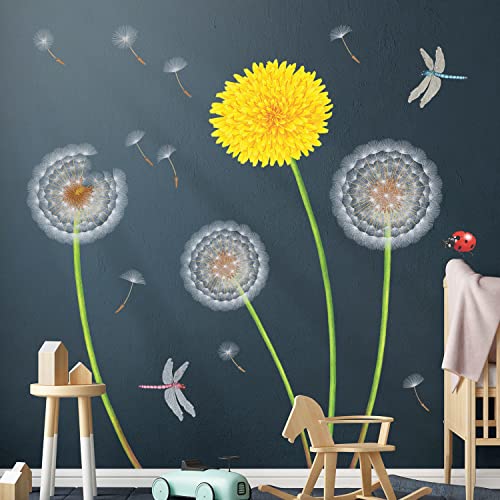 DECOWALL SG-2102 Gelber Löwenzahn-Wandaufkleber fliegende Blumen Wandtattoo abnehmbare Wandaufkleber Kinderzimmer Schlafzimmer Wohnzimmer Kunst Heimdekoration von DECOWALL