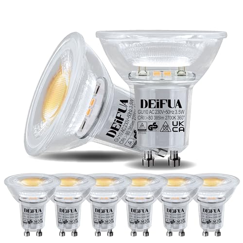 DEIFUA 6er-Pack GU10 LED Lampe Warmweiss 2700K 3.5W 385 Lumen Ersetzt 50W Halogen Leuchtmittel, Nicht Dimmbar Reflektorlampen, Flimmerfrei Strahler, Abstrahlwinkel 360° Birnen, 38° Spot von DEIFUA