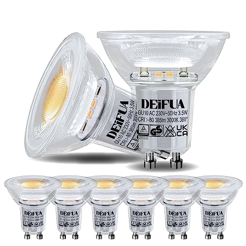 DEIFUA GU10 LED Lampe Warmweiss 3000K 3.5W 385 Lumen Ersetzt 50W Halogen Leuchtmittel, 6er Pack, Nicht Dimmbar warmweiß Reflektorlampen, Flimmerfrei Strahler, Abstrahlwinkel 360° Birnen, 38° Spot von DEIFUA