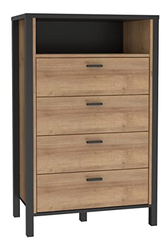 Forte HIGH ROCK Kommode mit 4 Schubladen, Holzwerkstoff, Schwarz/Riviera Eiche, B x H x T: 69,8 x 110,7 x 40,2 cm von Forte