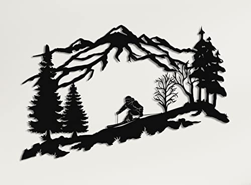 Dekadron Wandkunst Skifahrer Metall Wandkunst Berge und Bäume, Wanddekoration aus Metall, Geschenk Skiliebhaber (75 x 48 cm) von DEKADRON