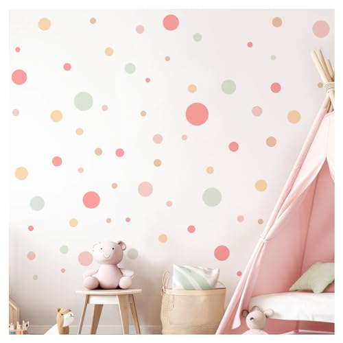 DEKO KINDERZIMMER Wandsticker Kreise für Babyzimmer 120 Stück Kinderzimmer Wandtattoo Dots Klebepunkte in Rosa Gelb Mint Set Wandaufkleber selbstklebend DK1000A-02 von DEKO KINDERZIMMER