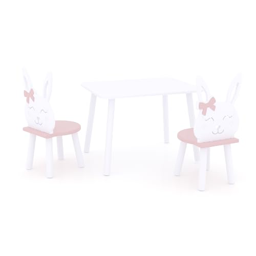 DEKORMANDA – Kindertisch mit Stühlen – Hasenförmige Stühle für kleine Tierliebhaber – Weißer Kindertisch 65 x 50 cm mit 2 Stühlen – Kindertisch und Zwei Stühle von DEKORMANDA
