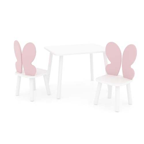 DEKORMANDA – Kindertisch mit Stühlen – Schmetterlingsstühle für Kleintierliebhaber – Weiß Kindertisch 65 x 50 cm mit 2 Stühlen – Tisch und Zwei Kinderstühle von DEKORMANDA