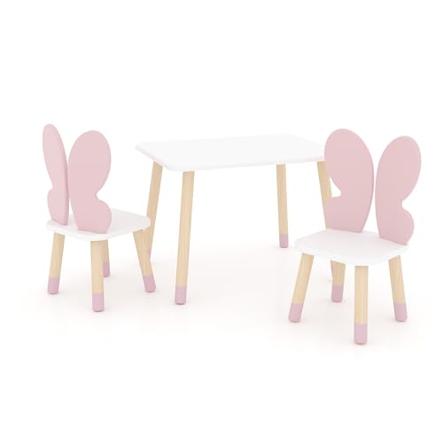 DEKORMANDA – Kindertisch mit Stühlen – Schmetterlingsstühle für Kleintierliebhaber – Weißer Kindertisch 65 x 50 cm mit 2 Stühlen – Tisch und Zwei Kinderstühle von DEKORMANDA