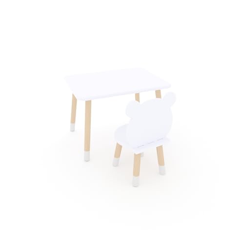 DEKORMANDA – Kindertisch mit Stuhl – Teddybärstuhl – Kindertisch 65 x 50 cm mit 1 Stuhl – Tisch und Stuhl für Kinder von 1-6 Jahren (Weiß) von DEKORMANDA