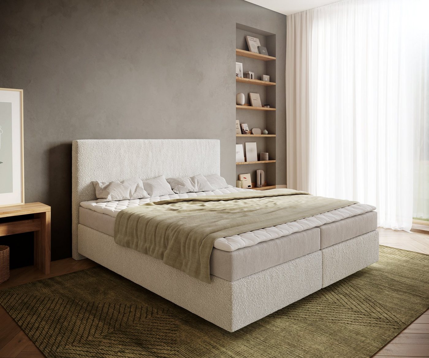 DELIFE Boxspringbett Dream-Well, Bouclé Creme-Weiß 180x200 cm mit Matratze und Topper von DELIFE