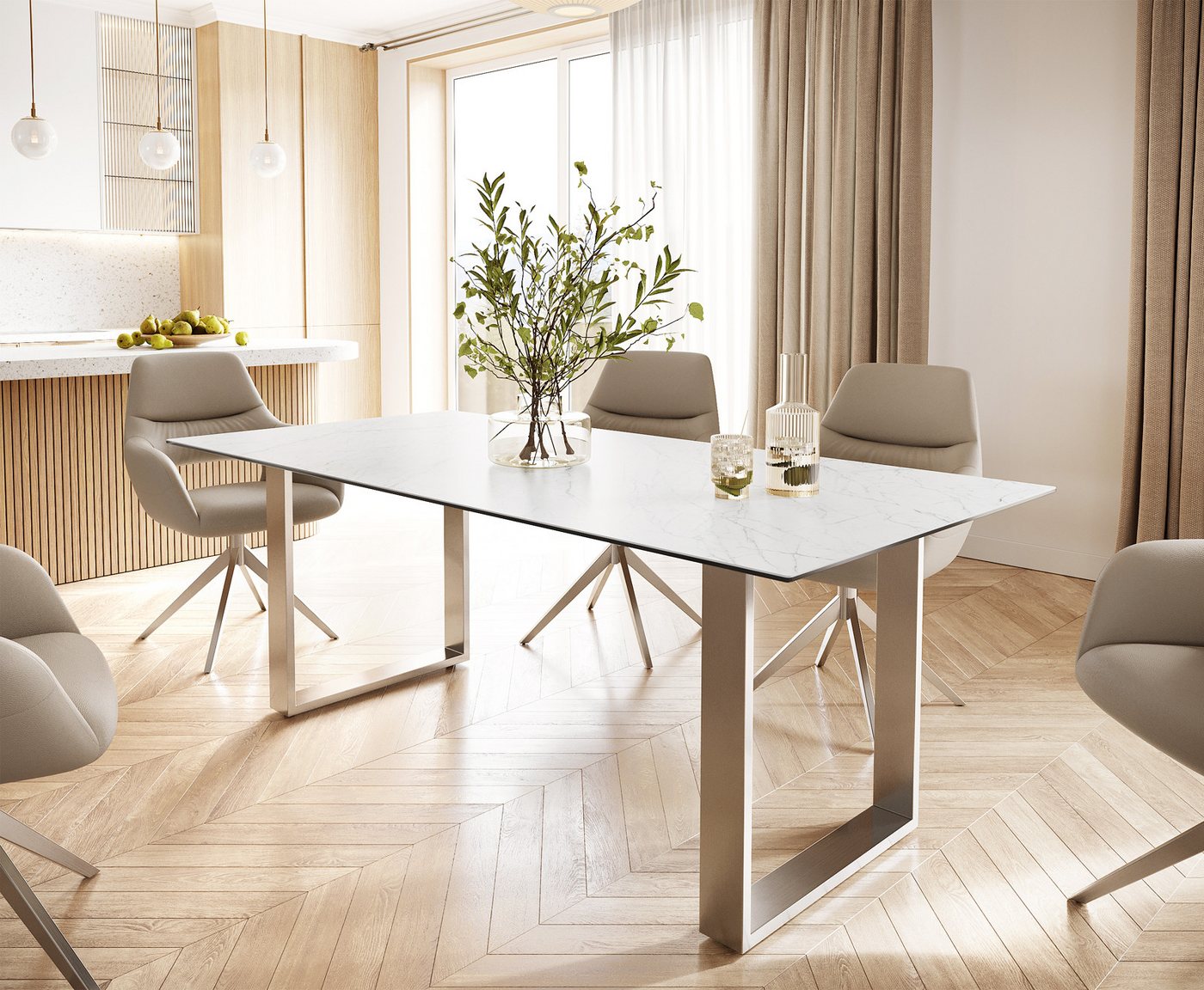 DELIFE Esstisch Edge, Keramik Laminam® Statuarietto Weiß 200x100 Edelstahl Schmal von DELIFE