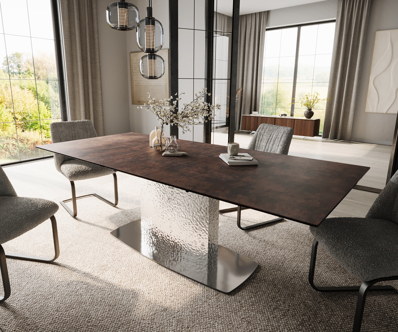 Esstisch Edge 180-220x90 Glas Antique-braun Wave Edelstahl ausziehbar Esstisch Edge 180-220x90 Glas Antique-braun Wave Edelstahl ausziehbar von DELIFE