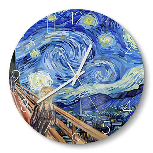 DEQORI Glasuhr | rund Ø 30 cm | Motiv Munch trifft Van Gogh | ausgefallene leise Design Uhr aus Glas | Wanduhr für Wohnzimmer & Küche | Moderne Hingucker Uhr für die Wand von DEQORI