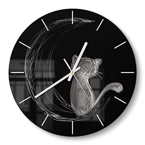 DEQORI Glasuhr | rund Ø 30 cm | Motiv Die Katze und der Mond | ausgefallene leise Design Uhr aus Glas | Wanduhr für Wohnzimmer & Küche | Moderne Hingucker Uhr für die Wand von DEQORI