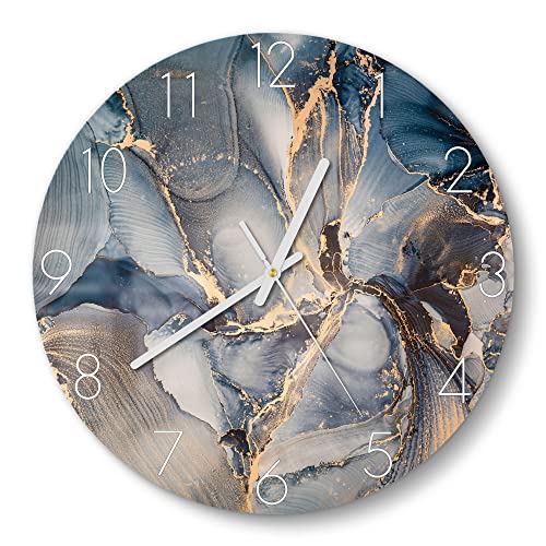 DEQORI Glasuhr | rund Ø 30 cm | Motiv Marmor-Farbspiel mit Gold | ausgefallene leise Design Uhr aus Glas | Wanduhr für Wohnzimmer & Küche | Moderne Hingucker Uhr für die Wand von DEQORI