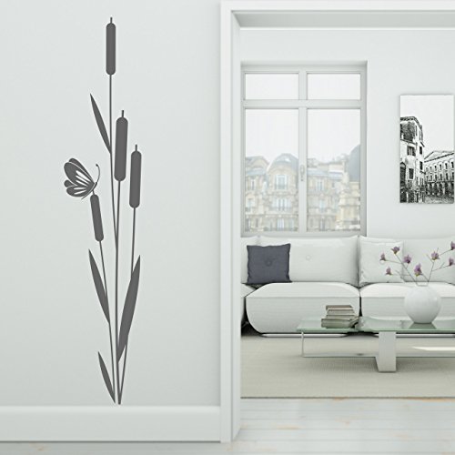 DESIGNSCAPE® Wandtattoo Dekorative Schilfpflanze mit Schmetterling für natürliche Akzente im Wohnraum | Farbe: silber | Größe: klein (12 x 60 cm) von DESIGNSCAPE