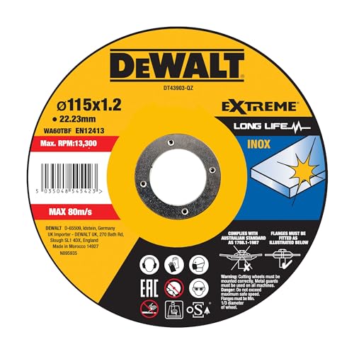 Dewalt Extreme Trennscheibe DT43903 (Ø 115mm x 1,2mm, Typ 41 (flach), Bohrung 22,23 mm, für Inox-Stahl, mit Aluminiumoxid, für den Einsatz auf Kabel- & Akku-Winkelschleifern, mit OSA-Zertifizierung) von DEWALT