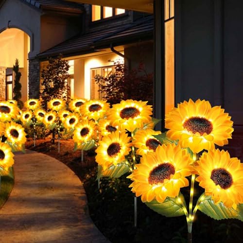 DEWIN 2 Stück Solarlampen für Außen Deko Pack 3 Köpfe Solar Sunflower Lights, Garden Lights IP65 Waterproof,Waterproof Solar Decorative Lights für Yard Dekoration,Lawn Flower Beets,Field Paths von DEWIN