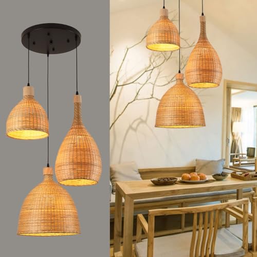 DHGIE Rattan Lampe Hängelampe E27*3 Retro Bambus Holz Lampenschirm Deckenlampe Pendelleuchte Holz Pendelleuchte Industrial Holz Bambus Deckenlampe Das Küche Schlafzimmer Cafe Esszimmer Lampe Hängend ( von DHGIE