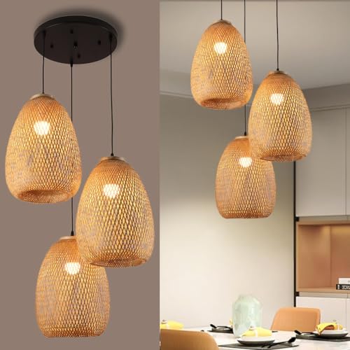 DHGIE Rattan Lampe Hängelampe E27*3 Retro Bambus Holz Lampenschirm Deckenlampe Pendelleuchte Holz Pendelleuchte Industrial Holz Bambus Deckenlampe Das Küche Schlafzimmer Cafe Esszimmer Lampe Hängend ( von DHGIE