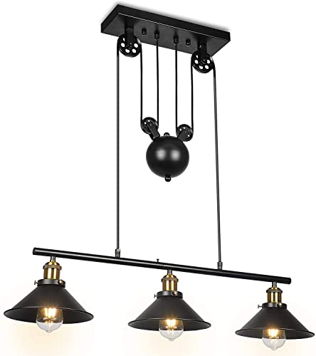 DHGIE Three-Light Pulley Pendelleuchte, Indoor Insel Licht Einstellbar Industrie Vintage Rustikalen Kronleuchter, Bauernhaus Vintage Deckenleuchten Für Esszimmer, Wohnzimmer Oder Foyer von DHGIE