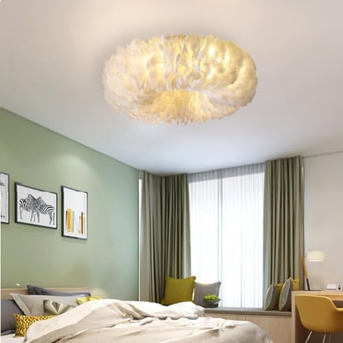 LED Deckenleuchte Dimmbar Modern Deckenlampe Weiße Feder Pendelleuchte Für Die Decke Creme-Stil Schlafzimmer Wohnzimmer Lampe Energiespar Licht Moderner Minimalistischer Stil E27 (Größe : A53cm) von DHGIE