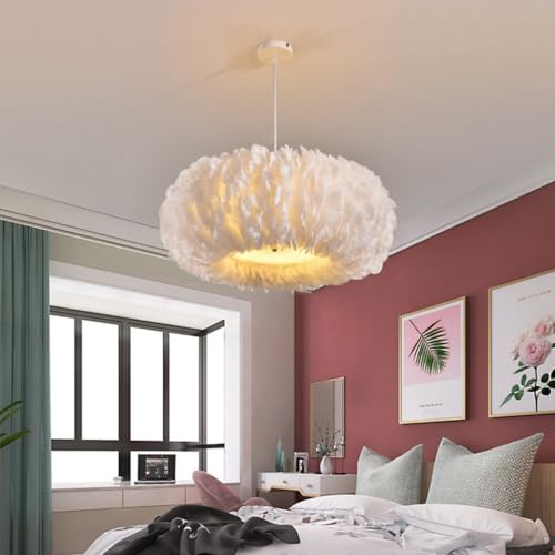 LED Deckenleuchte Dimmbar Modern Deckenlampe Weiße Feder Pendelleuchte Für Die Decke Creme-Stil Schlafzimmer Wohnzimmer Lampe Energiespar Licht Moderner Minimalistischer Stil E27 (Größe : B53cm) von DHGIE