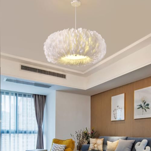 LED Deckenleuchte Dimmbar Modern Deckenlampe Weiße Feder Pendelleuchte Für Die Decke Creme-Stil Schlafzimmer Wohnzimmer Lampe Energiespar Licht Moderner Minimalistischer Stil E27 (Größe : B63cm) von DHGIE